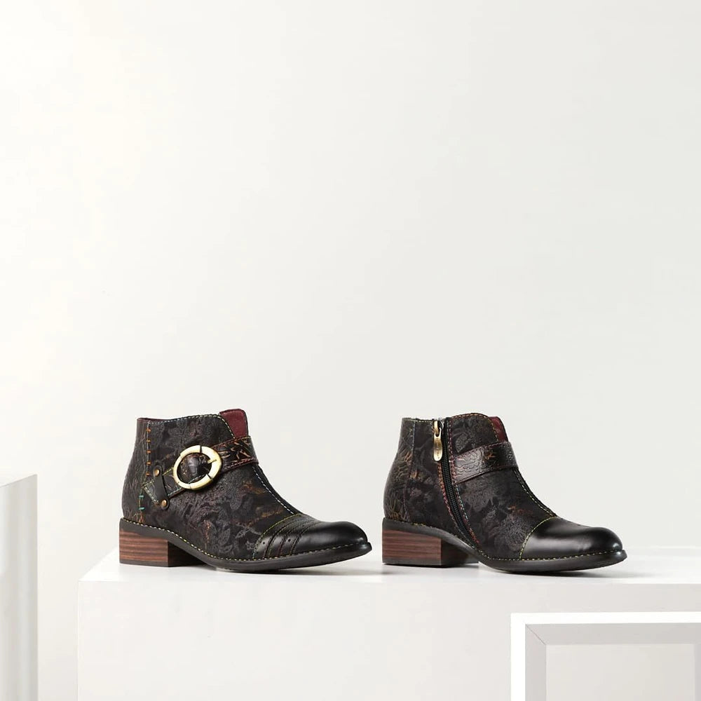 Hand Painted Leather Ankle Bootie