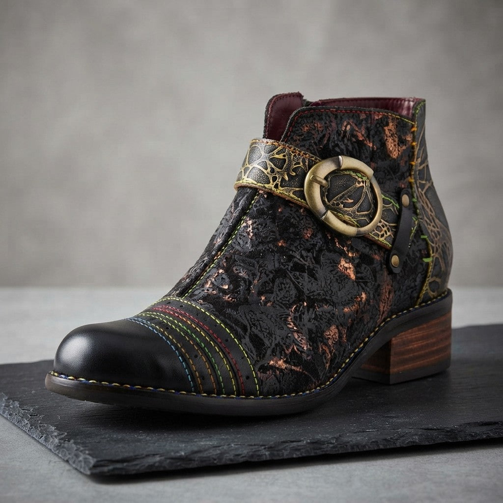 Hand Painted Leather Ankle Bootie